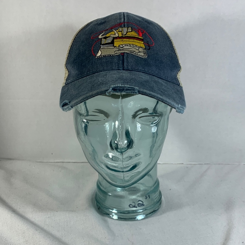 Mens ADAMS Blue Denim Trucker Hat with Unique Embroidered Logo